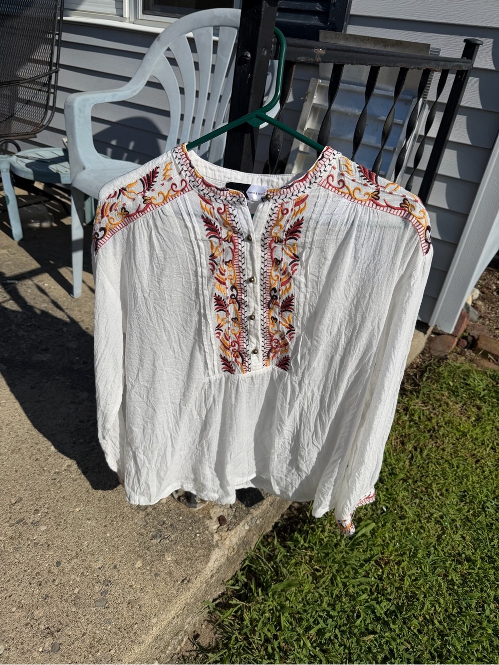 White Embroidered Boho Peasant Blouse with Multicolor Yoke - Women's